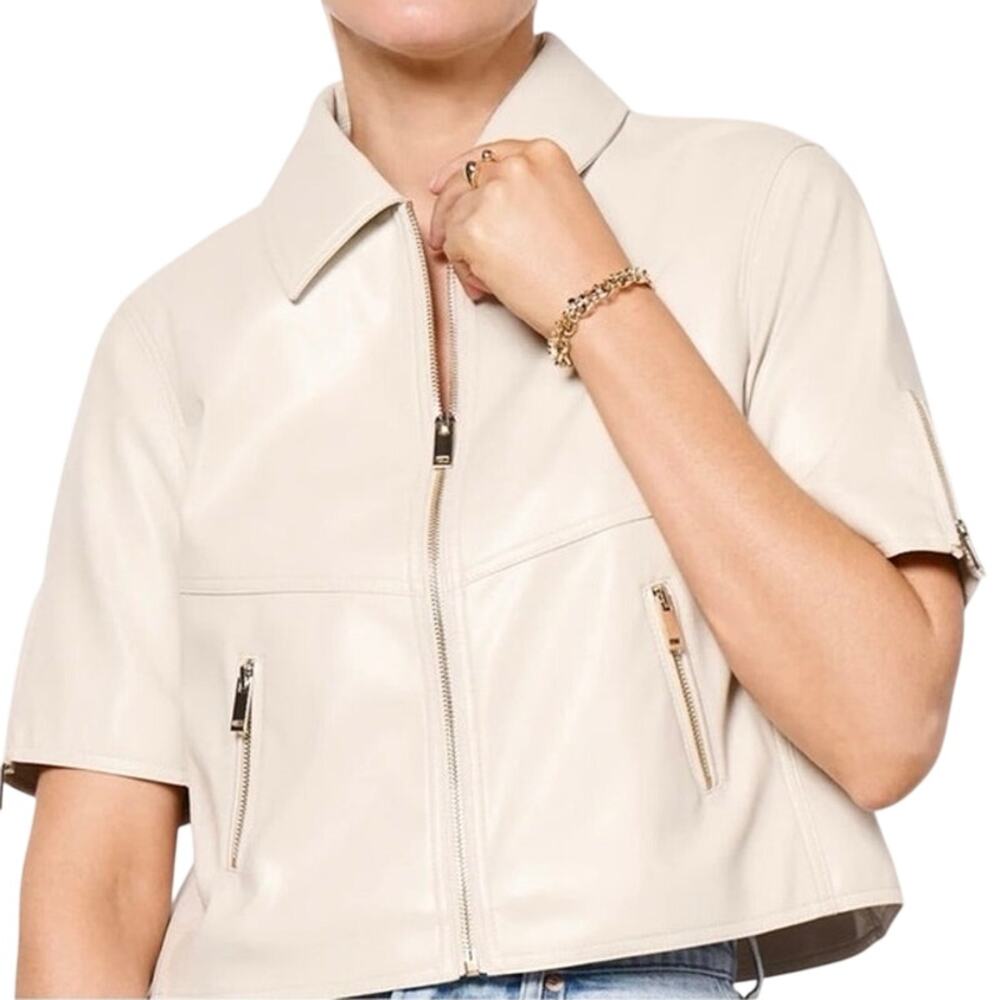 EVEREVE Billie Cream Faux Leather Short Sleeve Moto Jacket Boxy - Sz Large